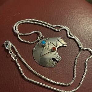 Native American Silver Bear Pendant with SS 18” Chain